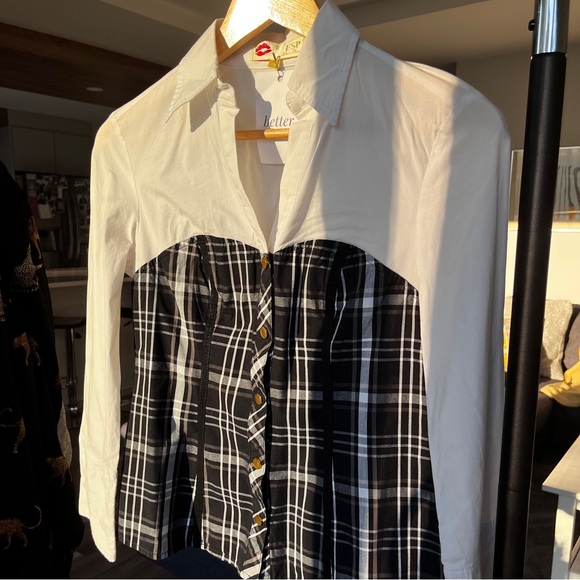 SOLD Vintage Black Plaid Corset White Collared Shirt - Picture 7 of 11